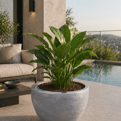 Selbstbewässerndes Pflanzgefäß „podd RÖDER“ in der Farbe Zink