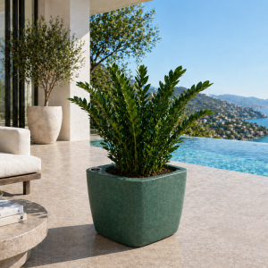 Self-watering planter “podd LOCKWITZ” in the color olive green natural stone