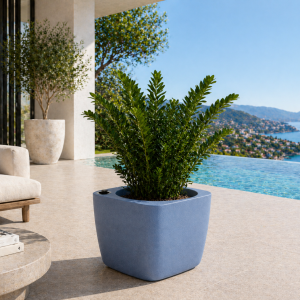 Self-watering planter “podd LOCKWITZ” in the color dove blue nature stone