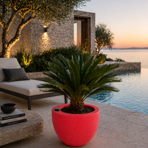 Self-watering planter “podd RÖDER” in salmon pink