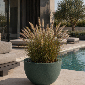 Self-watering planter “podd RÖDER” in the color olive green nature stone